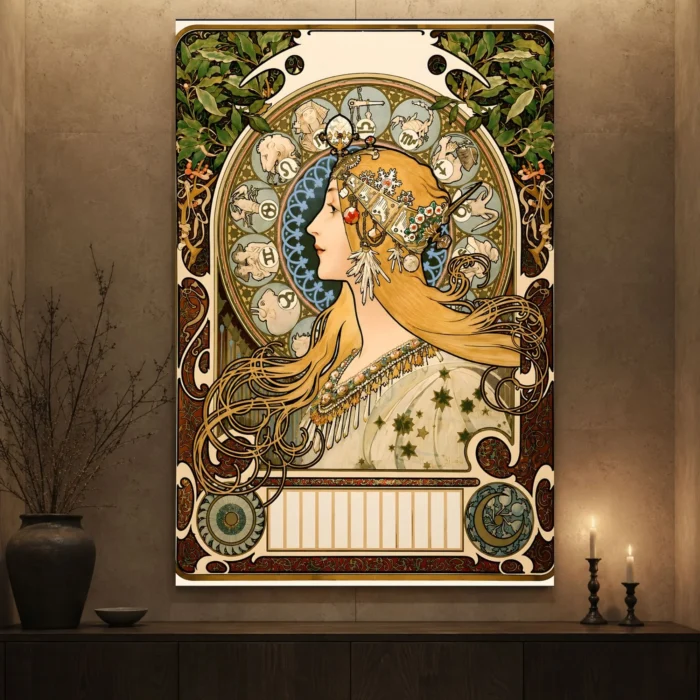 Alphonse Mucha Art Nouveau Zodiac Famous Art Prints Canvas Print styled in a refined interior