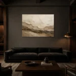 Weathered Horizon Textured Abstract Wall Art Canvas Print shown in a warm modern interior