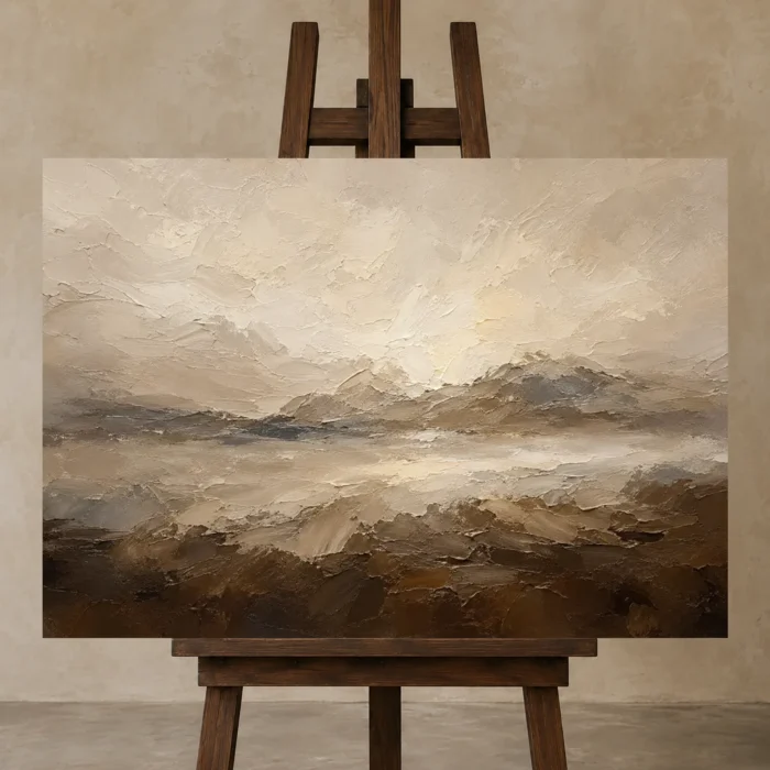 Mountain Horizon Textured Abstract Wall Art Canvas Print displayed on a studio easel