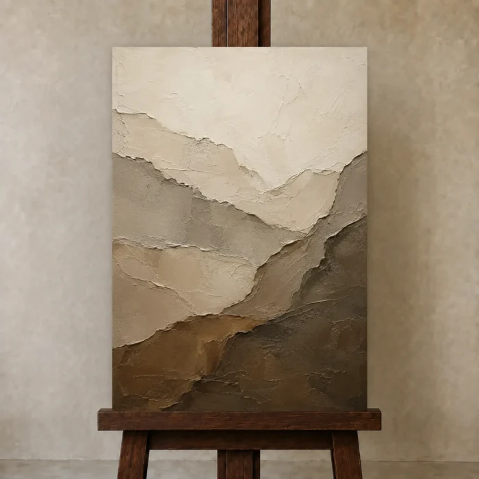 Layered Earth Textured Abstract Wall Art Canvas Print displayed on a studio easel