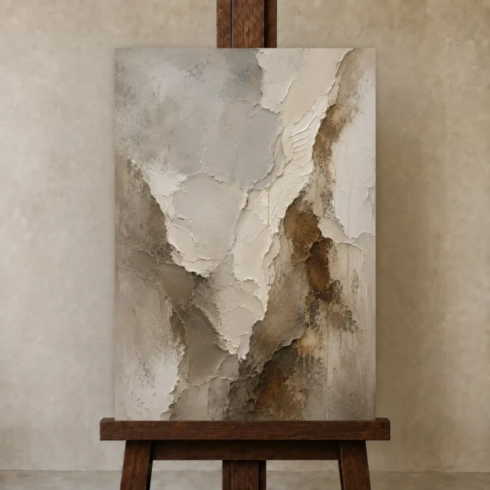 Vertical Stone Vein Textured Abstract Wall Art Canvas Print displayed on a studio easel