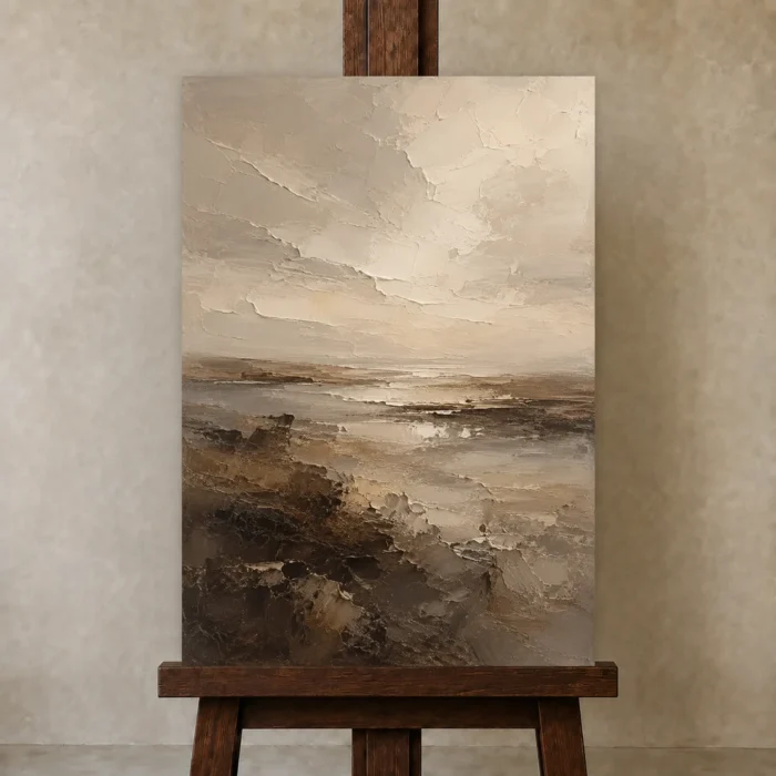 Coastal Horizon Textured Abstract Wall Art Canvas Print displayed on a studio easel