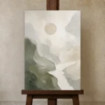 Sage Moon Neutral Abstract Wall Art Canvas Print displayed on a studio easel