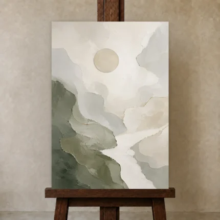 Sage Moon Neutral Abstract Wall Art Canvas Print shown in Studio Easel
