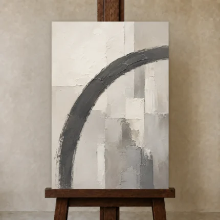 Charcoal Arc Neutral Abstract Wall Art Canvas Print shown in Studio Easel