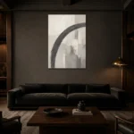 Charcoal Arc Neutral Abstract Wall Art Canvas Print shown in a warm modern interior