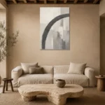 Charcoal Arc Neutral Abstract Wall Art Canvas Print presented in a sophisticated home setting