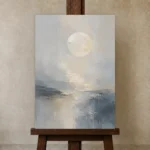 Moonlit Horizon Neutral Abstract Wall Art Canvas Print displayed on a studio easel