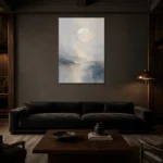 Moonlit Horizon Neutral Abstract Wall Art Canvas Print shown in a warm modern interior