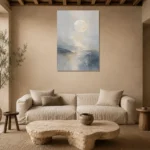 Moonlit Horizon Neutral Abstract Wall Art Canvas Print presented in a sophisticated home setting