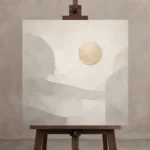 Golden Circle Neutral Abstract Wall Art Canvas Print displayed on a studio easel