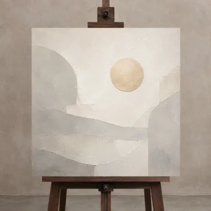 Golden Circle Neutral Abstract Wall Art Canvas Print shown in Studio Easel