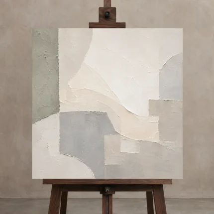 Ivory Geometry Neutral Abstract Wall Art Canvas Print displayed on a studio easel