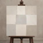 Quiet Grid Neutral Abstract Wall Art Canvas Print displayed on a studio easel