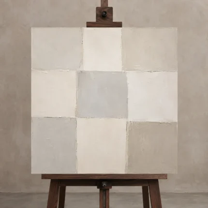 Quiet Grid Neutral Abstract Wall Art Canvas Print displayed on a studio easel