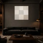 Quiet Grid Neutral Abstract Wall Art Canvas Print shown in a warm modern interior