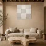 Quiet Grid Neutral Abstract Wall Art Canvas Print presented in a sophisticated home setting