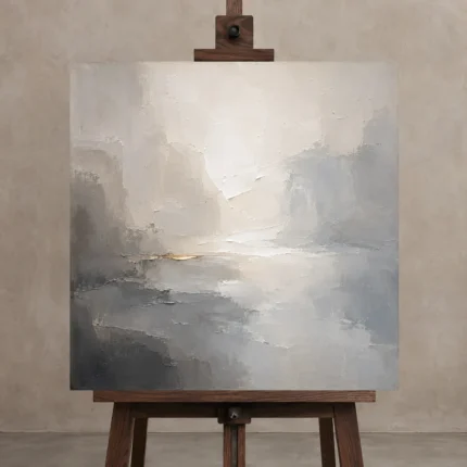 Mist Horizon Neutral Abstract Wall Art Canvas Print displayed on a studio easel