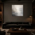 Mist Horizon Neutral Abstract Wall Art Canvas Print shown in a warm modern interior