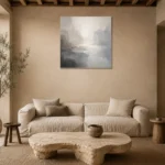 Mist Horizon Neutral Abstract Wall Art Canvas Print presented in a sophisticated home setting