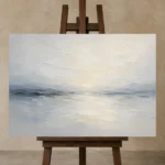 Pale Horizon Neutral Abstract Wall Art Canvas Print displayed on a studio easel