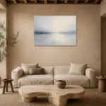 Pale Horizon Neutral Abstract Wall Art Canvas Print presented in a sophisticated home setting