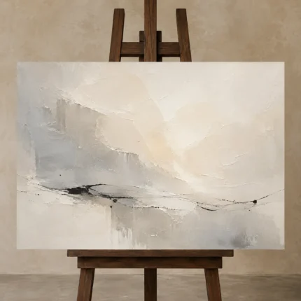Ink Horizon Neutral Abstract Wall Art Canvas Print displayed on a studio easel