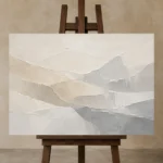 Layered Hills Neutral Abstract Wall Art Canvas Print displayed on a studio easel