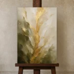 Verdant Gilded Bloom Gold Abstract Wall Art Canvas Print displayed on a studio easel