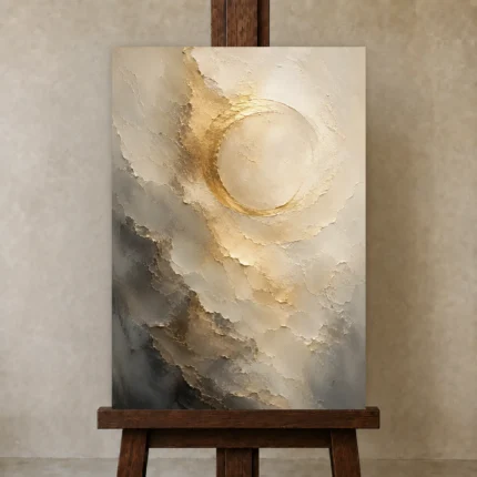 Auric Eclipse Gold Abstract Wall Art Canvas Print shown in Studio Easel