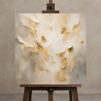 Gilded Fragment Field Gold Abstract Wall Art Canvas Print shown in Studio Easel