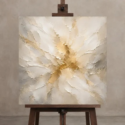Aurora Petal Burst Gold Abstract Wall Art Canvas Print shown in Studio Easel