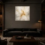 Aurora Petal Burst Gold Abstract Wall Art Canvas Print shown in a warm modern interior