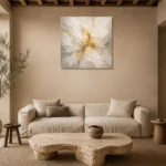 Aurora Petal Burst Gold Abstract Wall Art Canvas Print presented in a sophisticated home setting
