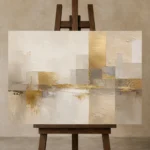 Gilded Skyline Passage Gold Abstract Wall Art Canvas Print displayed on a studio easel