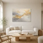 Aureate Cloudscape Gold Abstract Wall Art Canvas Print styled in a refined neutral interior
