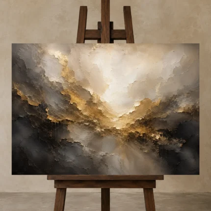 Obsidian Gilded Horizon Gold Abstract Wall Art Canvas Print displayed on a studio easel