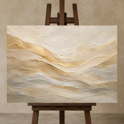 Gilded Wavefield Gold Abstract Wall Art Canvas Print shown in Studio Easel