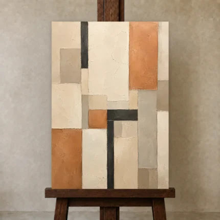 Terracotta Grid Geometric Abstract Wall Art Canvas Print shown in Studio Easel