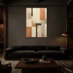 Terracotta Grid Geometric Abstract Wall Art Canvas Print shown in a warm modern interior