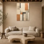 Terracotta Grid Geometric Abstract Wall Art Canvas Print presented in a sophisticated home setting