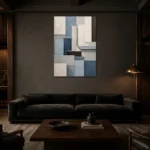 Blue Architectural Blocks Geometric Abstract Wall Art Canvas Print shown in a warm modern interior