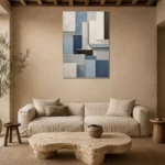 Blue Architectural Blocks Geometric Abstract Wall Art Canvas Print presented in a sophisticated home setting