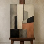 Terracotta Skyline Forms Geometric Abstract Wall Art Canvas Print displayed on a studio easel