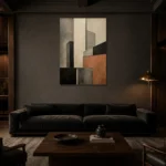 Terracotta Skyline Forms Geometric Abstract Wall Art Canvas Print shown in a warm modern interior