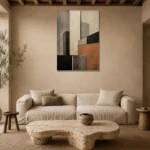Terracotta Skyline Forms Geometric Abstract Wall Art Canvas Print presented in a sophisticated home setting
