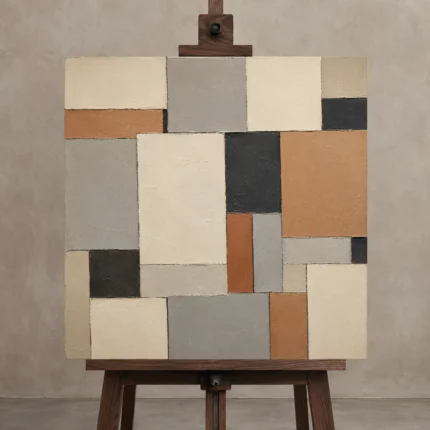 Terracotta Mosaic Blocks Geometric Abstract Wall Art Canvas Print displayed on a studio easel