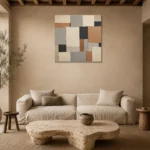 Terracotta Mosaic Blocks Geometric Abstract Wall Art Canvas Print presented in a sophisticated home setting