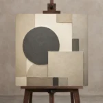 Charcoal Circle Forms Geometric Abstract Wall Art Canvas Print displayed on a studio easel