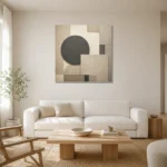 Charcoal Circle Forms Geometric Abstract Wall Art Canvas Print styled in a refined neutral interior